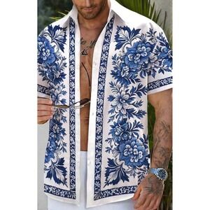 Button Down Shirt Men Fashion Floral  Casual Shirt Vintage Style Short Sleeve 4X